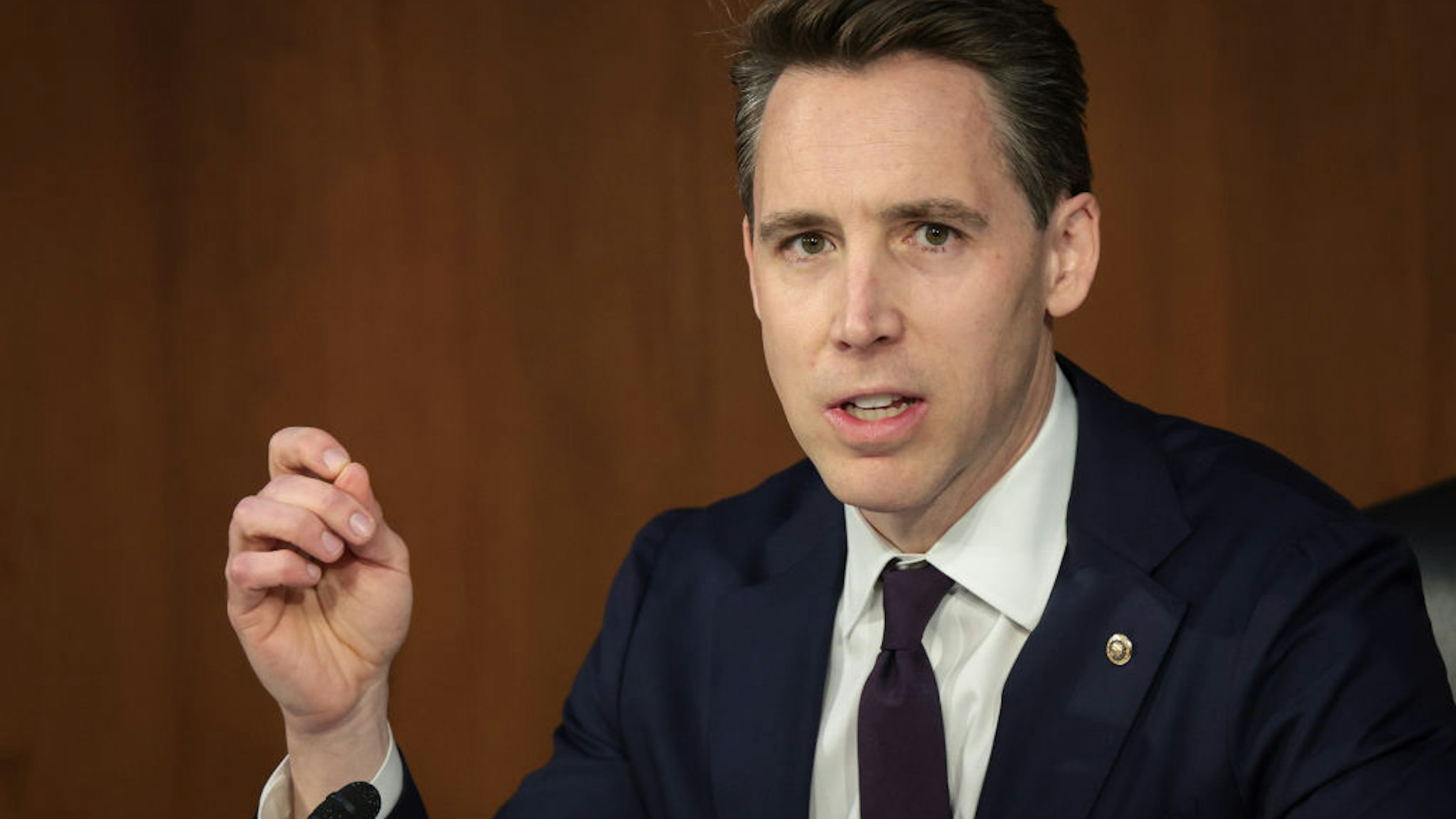 WASHINGTON, DC - APRIL 4: Sen. Josh Hawley (R-MO) speaks during a Senate Judiciary Committee business meeting to vote on Supreme Court nominee Judge Ketanji Brown Jackson on Capitol Hill, April 4, 2022 in Washington, DC. A confirmation vote from the full Senate will come later this week. (Photo by Win McNamee/Getty Images).