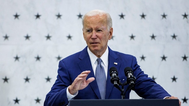 US President Joe Biden speaks during a visit at the Central Intelligence Agency (CIA) headquarters to congratulate the Agency and staff on the 75th anniversary of its founding in Langley, Virginia, on July 8, 2022.
