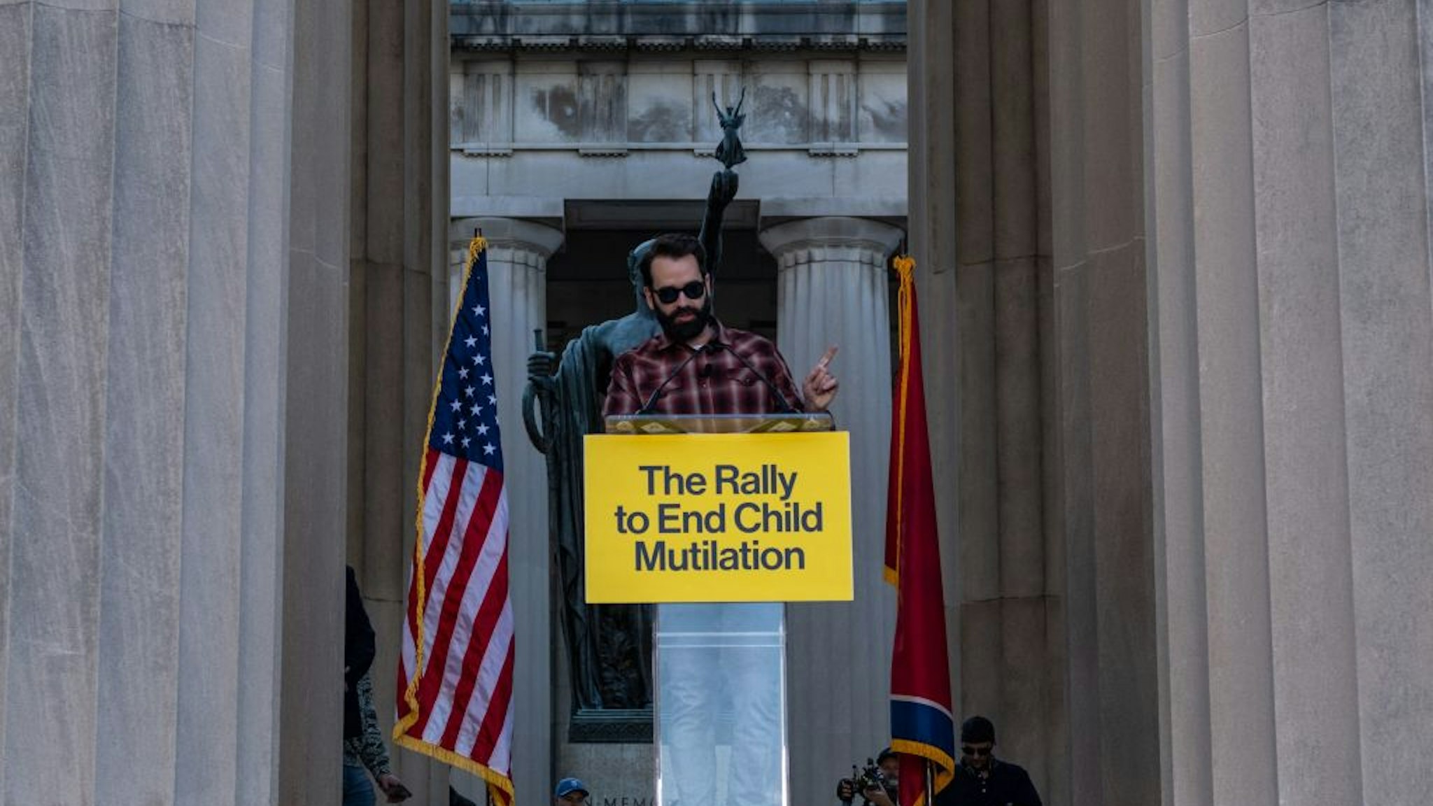 Matthew Walsh, a right-wing commentator for the right-wing news outlet "The Daily Wire", speaks during a rally against gender-affirming care in Nashville, Tennessee at the War Memorial Plaza on October 21,2022.