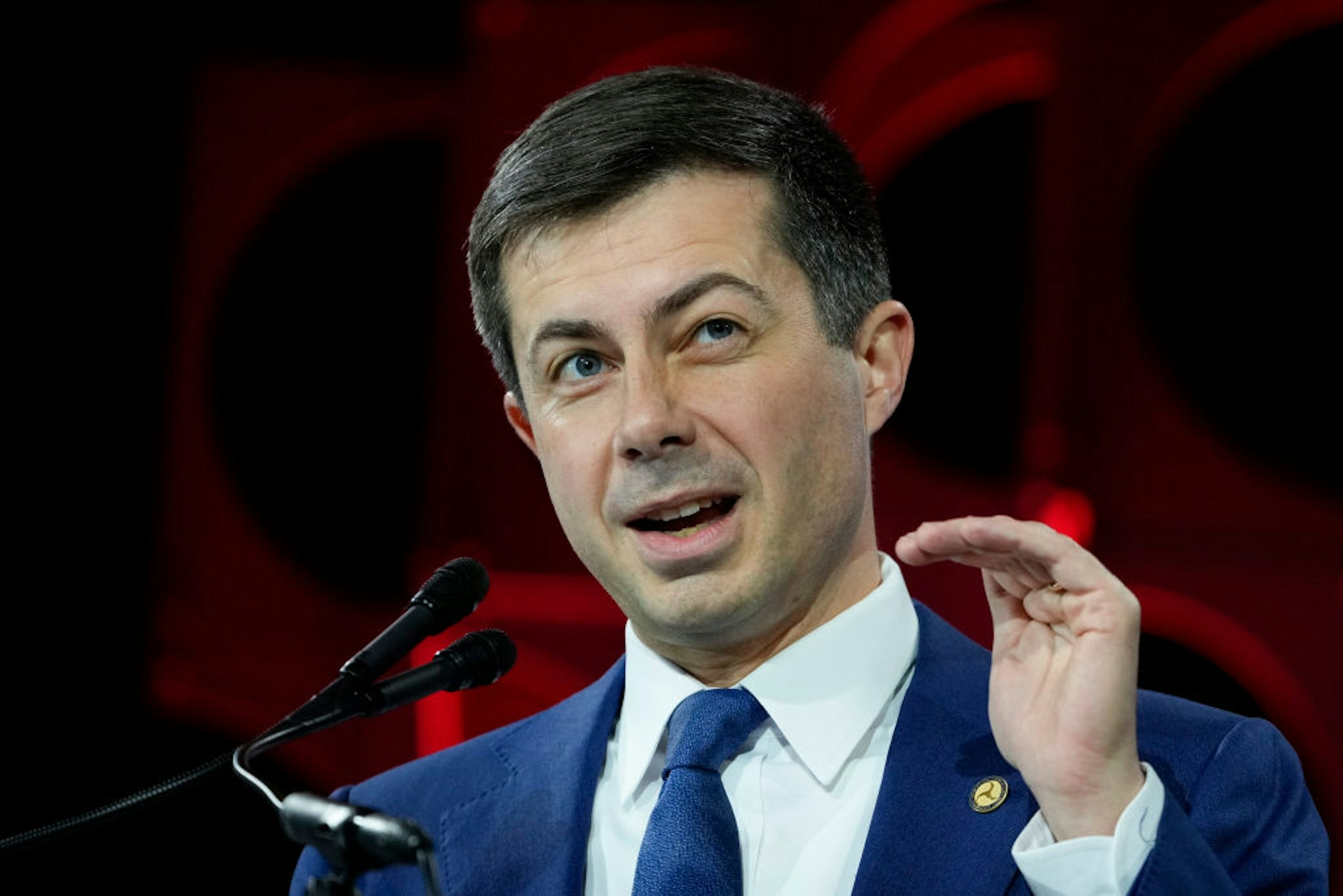 WASHINGTON, DC - JANUARY 20: U.S. Transportation Secretary Pete Buttigieg speaks during the United States Conference of Mayors 91st Winter Meeting January 20, 2023 in Washington, DC. The United States Conference of Mayors is the official non-partisan organization of cities with populations of 30,000 or more. This afternoon President Joe Biden will welcome mayors to the White House. (Photo by Drew Angerer/Getty Images)