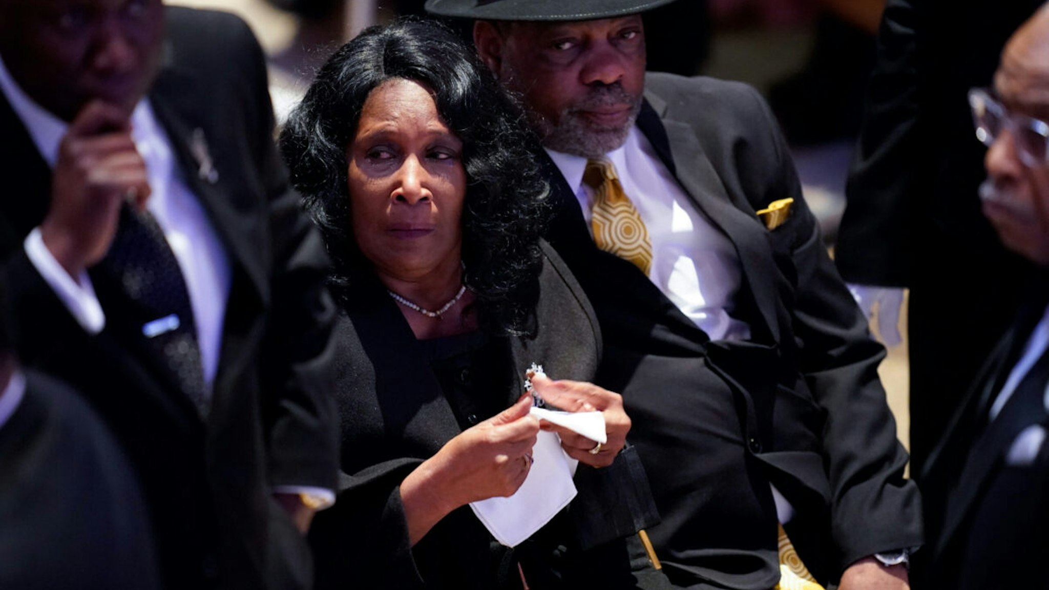 RowVaughn Wells and her husband Rodney Wells arrive for the funeral service for her son Tyre Nichols at Mississippi Boulevard Christian Church on February 1, 2023 in Memphis, Tennessee.