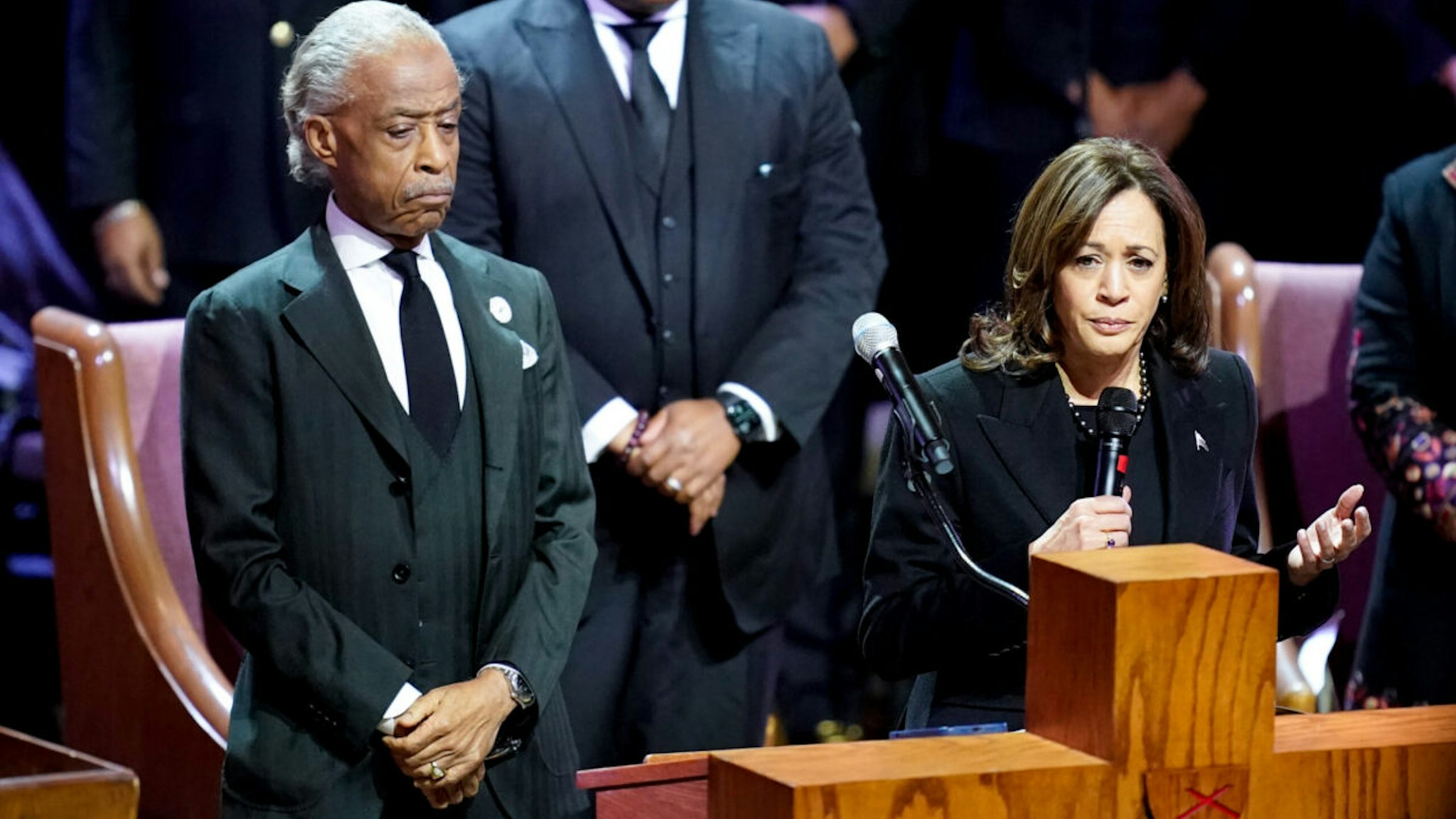 Rev. Al Sharpton listens as US Vice President Kamala Harris speaks during the funeral service for Tyre Nichols at Mississippi Boulevard Christian Church on February 1, 2023 in Memphis, Tennessee.