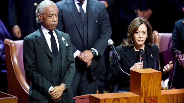 Rev. Al Sharpton listens as US Vice President Kamala Harris speaks during the funeral service for Tyre Nichols at Mississippi Boulevard Christian Church on February 1, 2023 in Memphis, Tennessee.