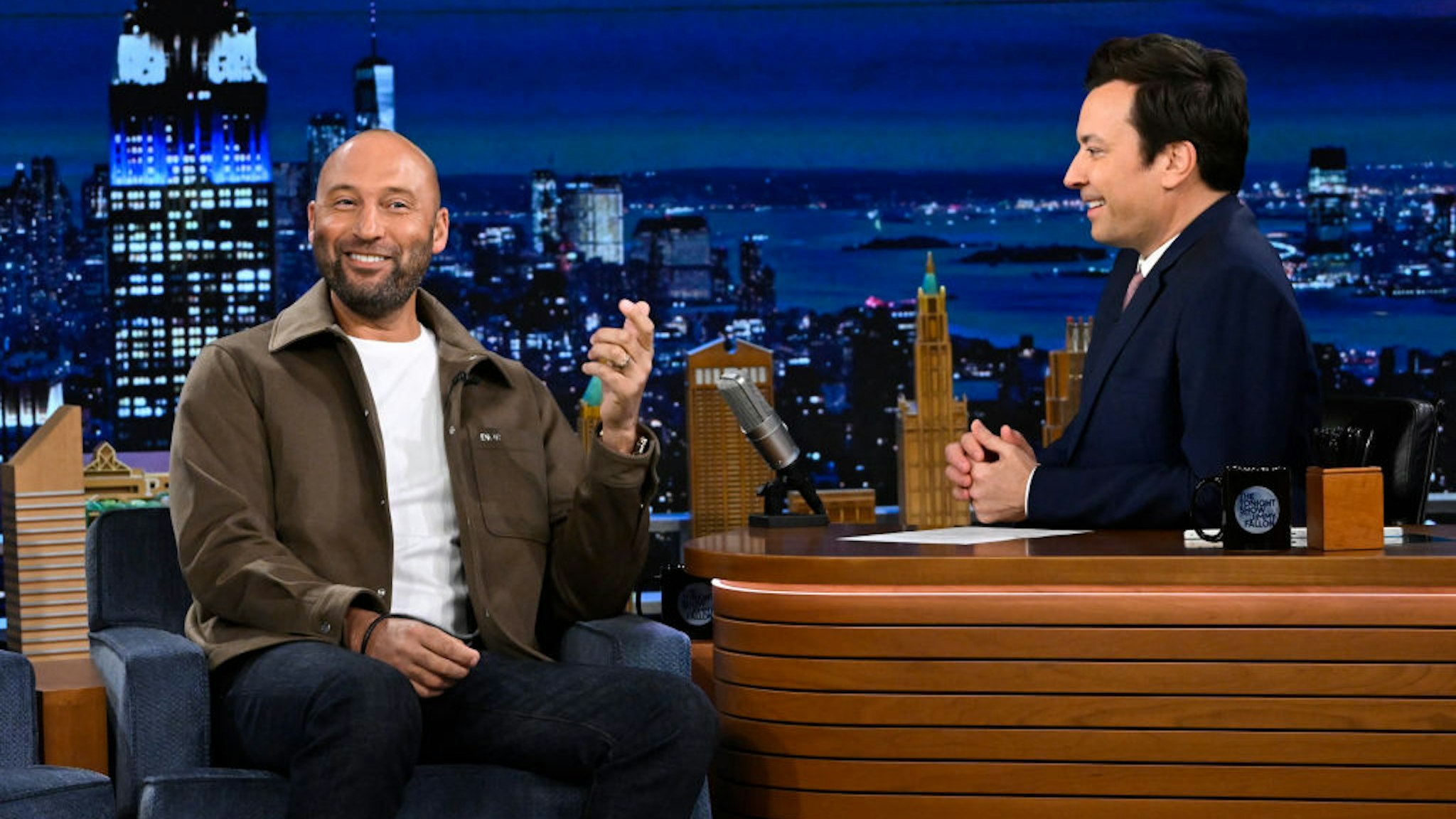 THE TONIGHT SHOW STARRING JIMMY FALLON -- Episode 1790 -- Pictured: (l-r) Businessman/former baseball player Derek Jeter during an interview with host Jimmy Fallon on Wednesday, February 1, 2023 -- (Photo by: Todd Owyoung/NBC via Getty Images)