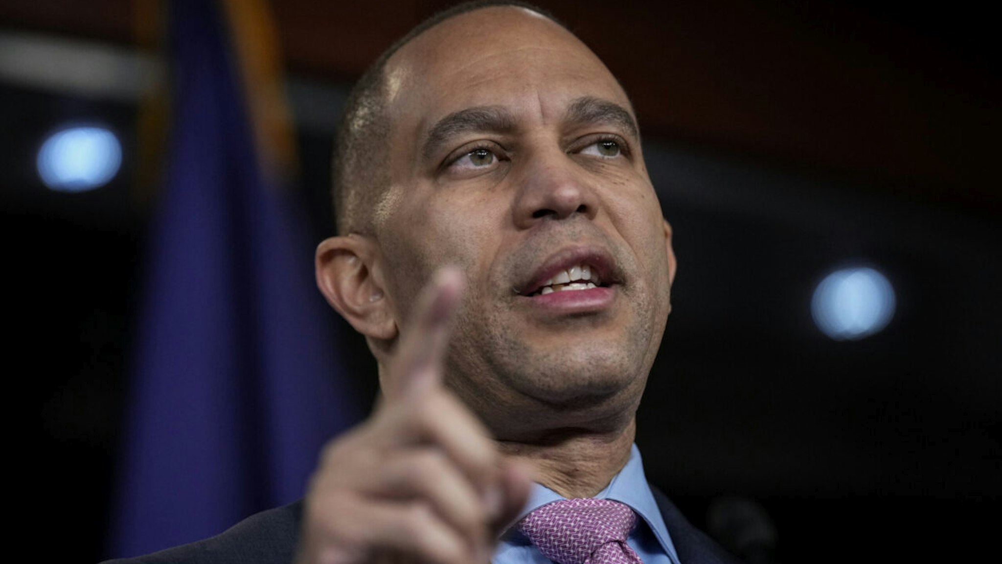 House Minority Leader Hakeem Jeffries (D-NY) speaks during his weekly news conference on Capitol Hill February 2, 2023 in Washington, DC.