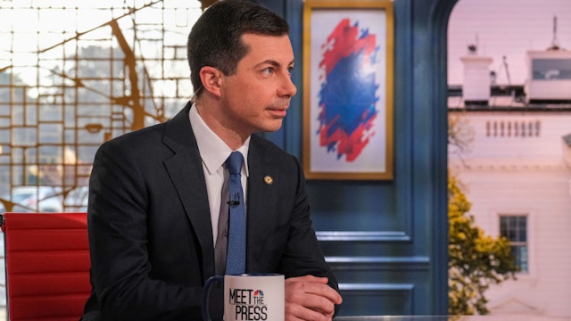MEET THE PRESS -- Pictured: Pete Buttigieg, Secretary of Transportation, appears on Meet the Press in Washington, D.C. Sunday, Feb. 5, 2023. -- (Photo by: William B. Plowman/NBC via Getty Images)