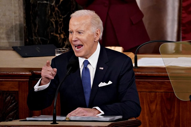 US President Joe Biden speaks during a State of the Union address at the US Capitol in Washington, DC, US, on Tuesday, Feb. 7, 2023. Biden is speaking against the backdrop of renewed tensions with China and a brewing showdown with House Republicans over raising the federal debt ceiling. Photographer: