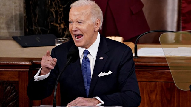 US President Joe Biden speaks during a State of the Union address at the US Capitol in Washington, DC, US, on Tuesday, Feb. 7, 2023. Biden is speaking against the backdrop of renewed tensions with China and a brewing showdown with House Republicans over raising the federal debt ceiling. Photographer: