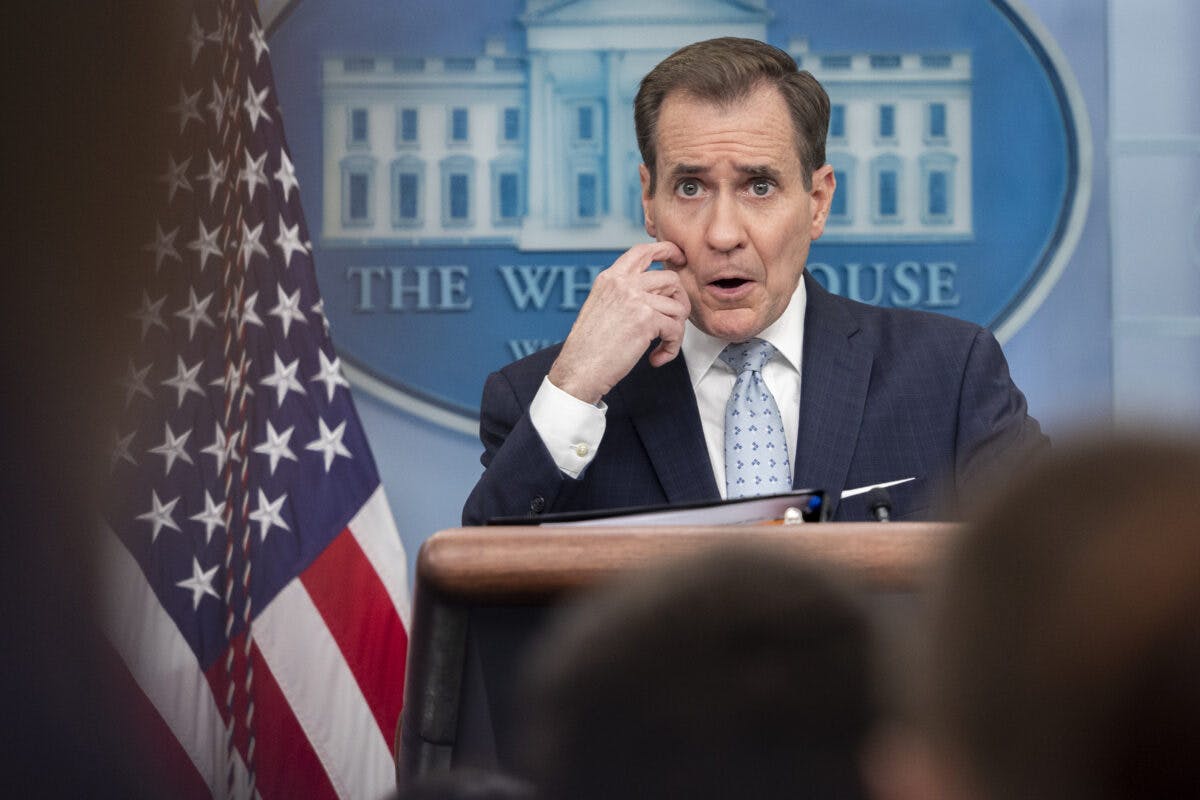 National Security Council Coordinator Admiral John Kirby speaks at a White House Press Briefing following the U.S. downing of a number of Unidentified Aerial Phenomenas (UAPs), at the White House on February 13th, 2023 in Washington, DC.