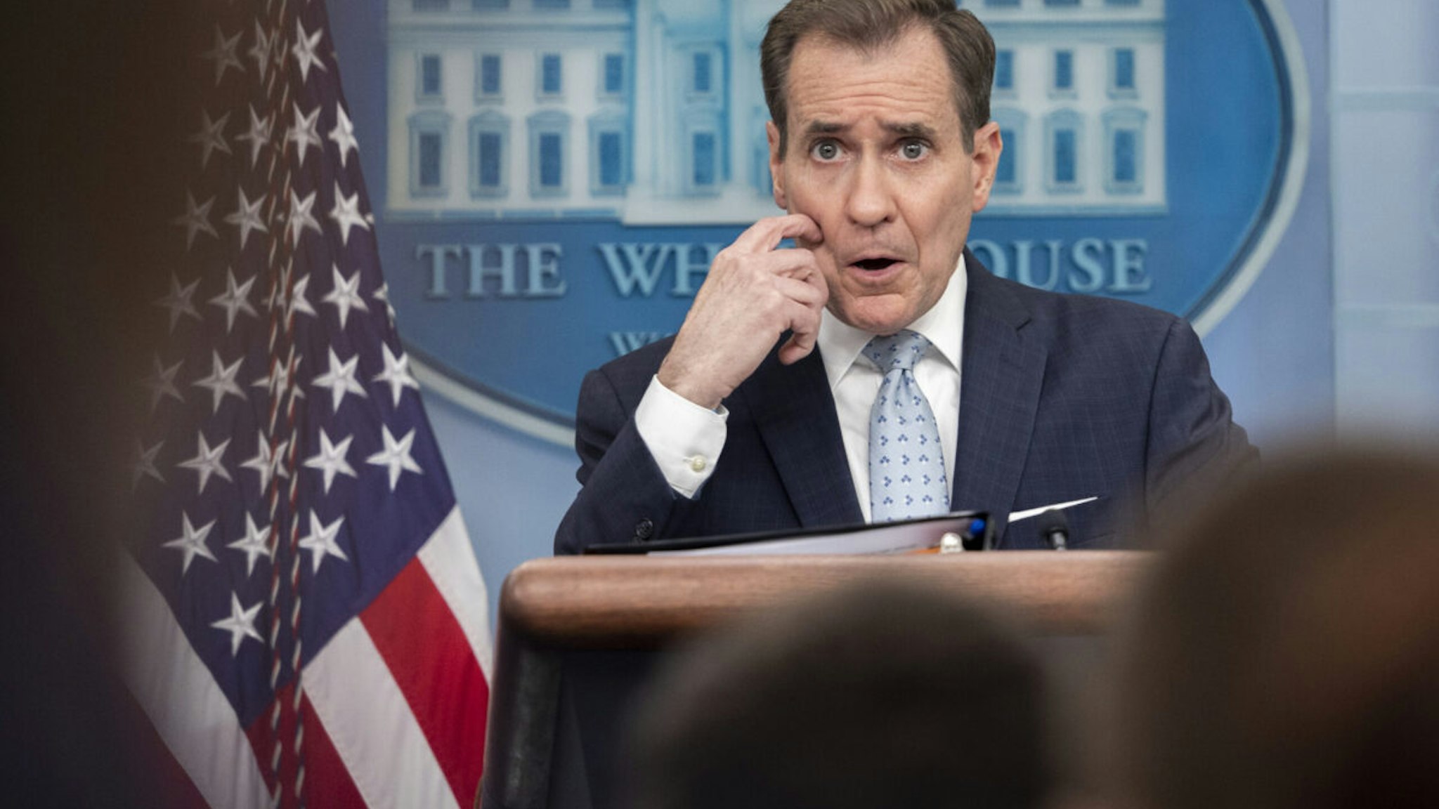 National Security Council Coordinator Admiral John Kirby speaks at a White House Press Briefing following the U.S. downing of a number of Unidentified Aerial Phenomenas (UAPs), at the White House on February 13th, 2023 in Washington, DC.