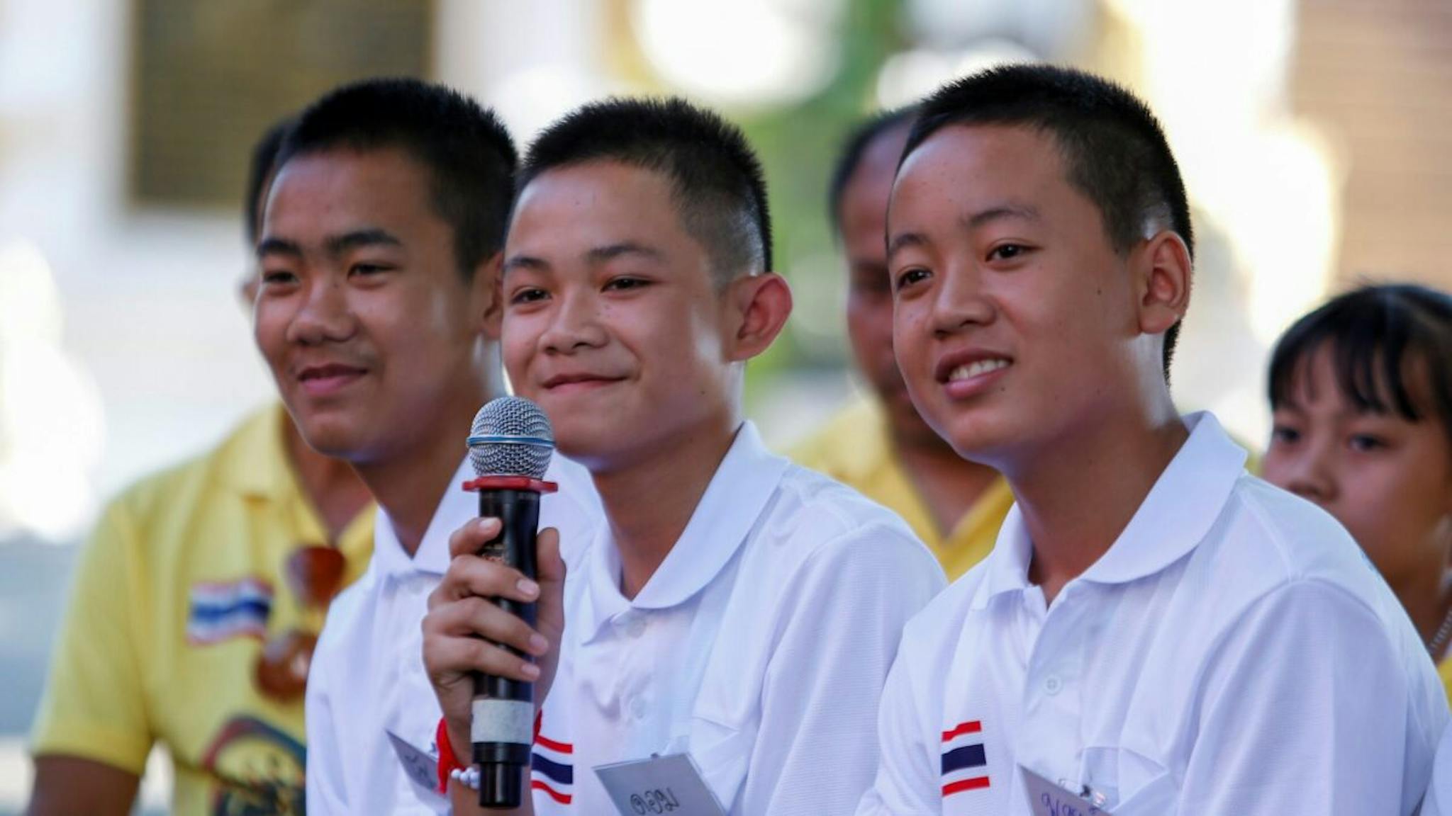 Duangpetch Promthep (Dom) (C) Captain of Wild Boar youth CHIANG RAI, THAILAND - 2018/09/16: Duangpetch Promthep (Dom) (C) Captain of Wild Boar youth soccer team 1 of the 13 'Wild Boars" rescued from Tham Luang Cave during press interview at Wat Phra That Doi Wao temple Chiang Rai.