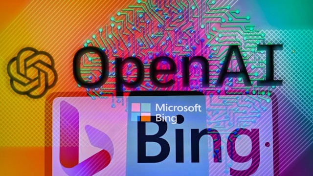 OpenAI displayed on screen with Microsoft Bing double photo exposure on mobile, seen in this photo illustration. On 17 February 2023 in Brussels, Belgium.