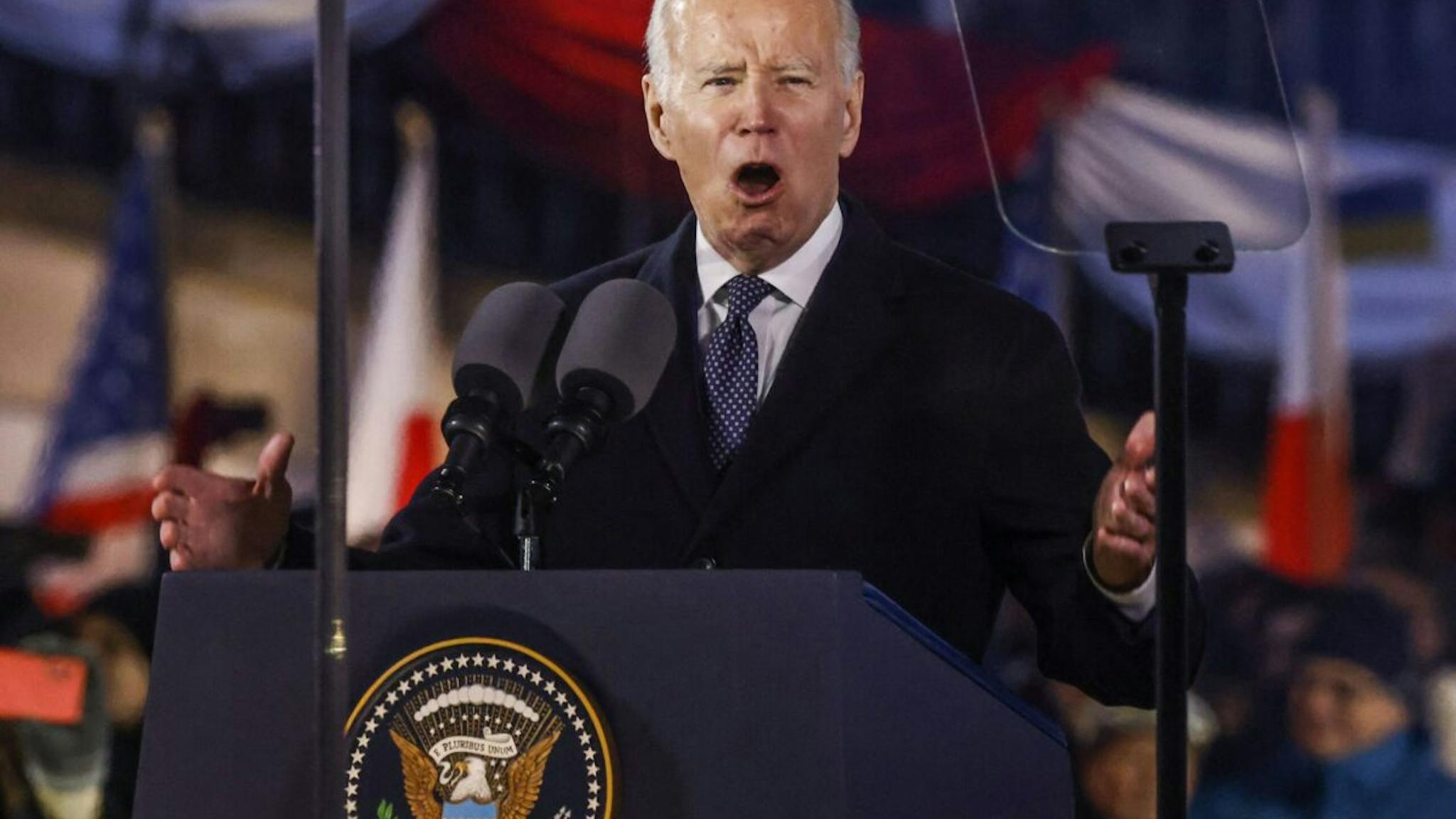 Joe Biden US President Joe Biden delivers a speech at the Royal Warsaw Castle Gardens in Warsaw, Poland on February 21, 2023.
