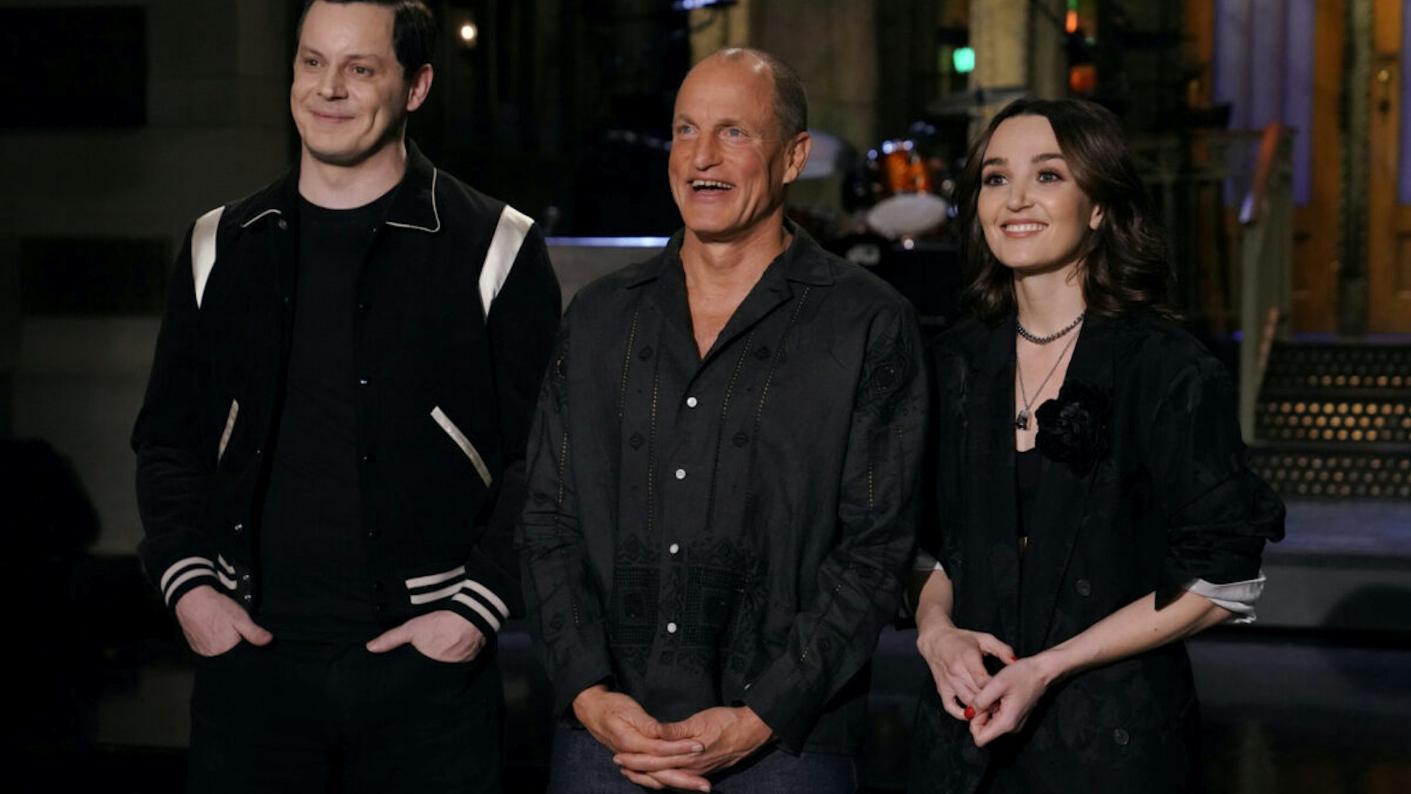 Woody Harrelson, Jack White Episode 1839 -- Pictured: (l-r) Musical Guest Jack White, Host Woody Harrelson, and Chloe Fineman during Promos in Studio 8H on Thursday, February 23, 2023