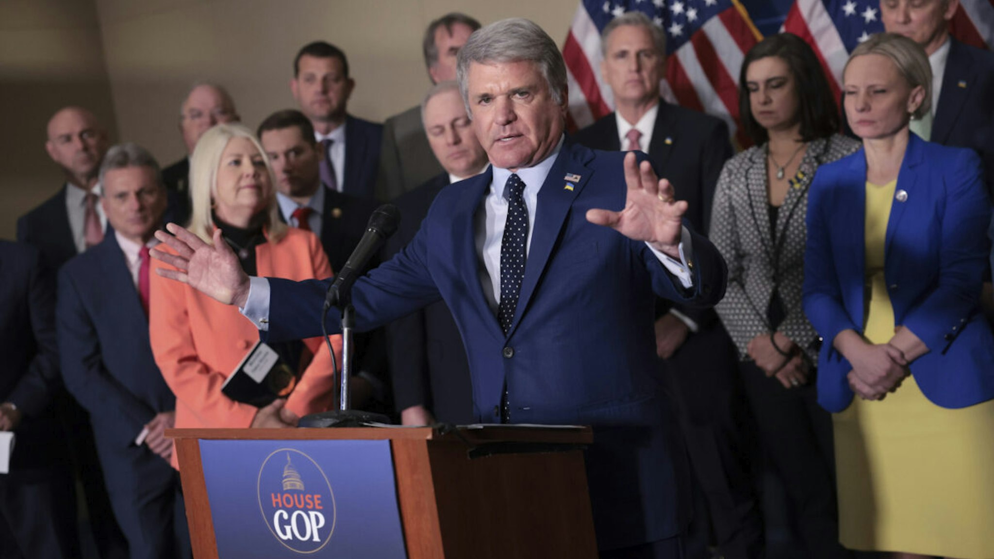 Rep. Rep. Michael McCaul (R-TX) speaks during a press conference on the State of the Union speech to be delivered by U.S. President Joe Biden later this evening on March 01, 2022 in Washington, DC. Ukrainian born Rep. Victoria Spartz (R-IN) delivered an emotional appeal for further U.S. support for Ukraine during the press conference.