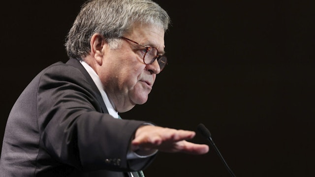 Former U.S. Attorney General William Barr speaks at a meeting of the Federalist Society on September 20, 2022 in Washington, DC. Barr spoke as The Federalist Society for Law and Public Policy Studies held its Education Law and Policy Conference.