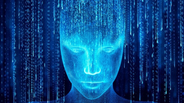 Hologram of the artificial intelligence robot showing up from binary code.