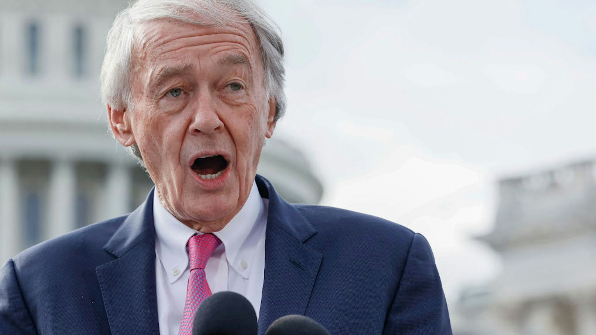 Senator Edward Markey (D-MA) speaks during a press conference held by airport workers and members of SEIU to ask congress to pass the "Good Jobs for Good Airports Act" on Capitol Hill on December 08, 2022 in Washington, DC.