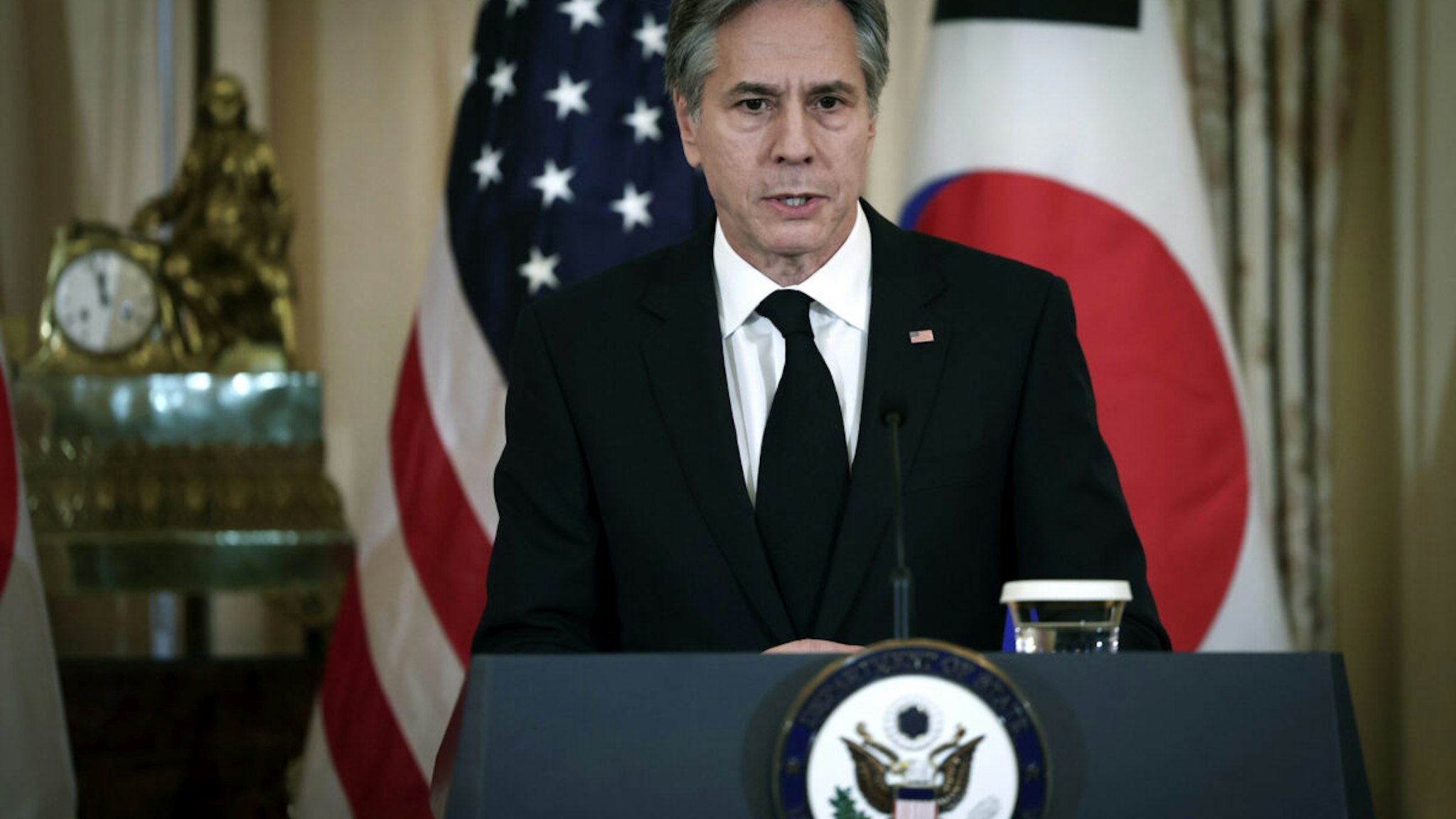 U.S. Secretary of State Antony Blinken speaks during an event with the South Korean foreign minister about the Chinese surveillance balloon identified in U.S. airspace February 3, 2023 in Washington, DC.