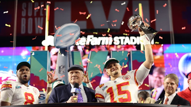 GLENDALE, ARIZONA - FEBRUARY 12: Patrick Mahomes #15 of the Kansas City Chiefs celebrates with the the Vince Lombardi Trophy after defeating the Philadelphia Eagles 38-35 in Super Bowl LVII at State Farm Stadium on February 12, 2023 in Glendale, Arizona. (Photo by Christian Petersen/Getty Images)