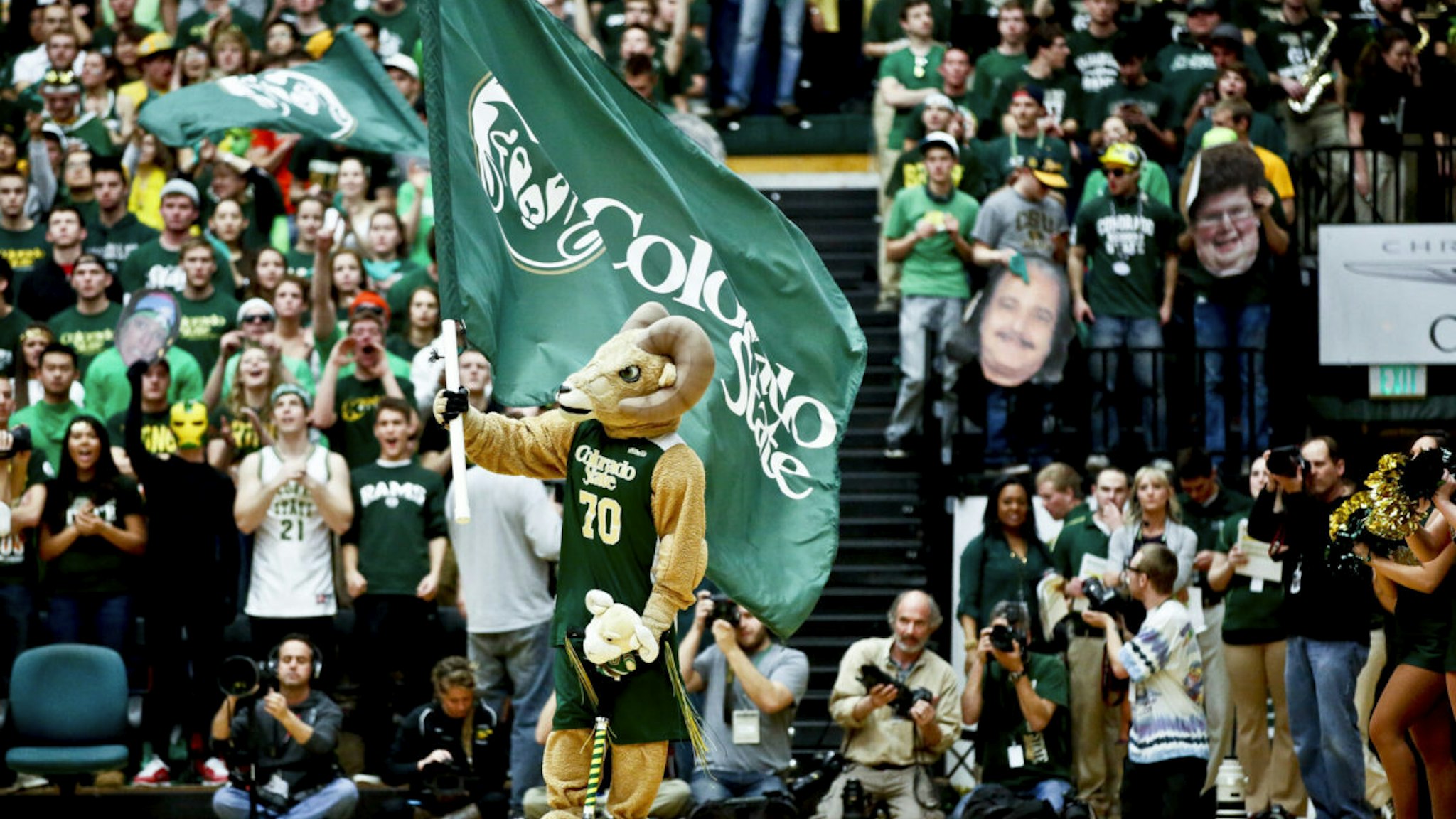 Colorado State University mascot Cam the Ram tries to energize the fans during their regular season Mountain West basketball game against New Mexico at Moby Arena in Fort Collins, Co. on Saturday February 23, 2013.