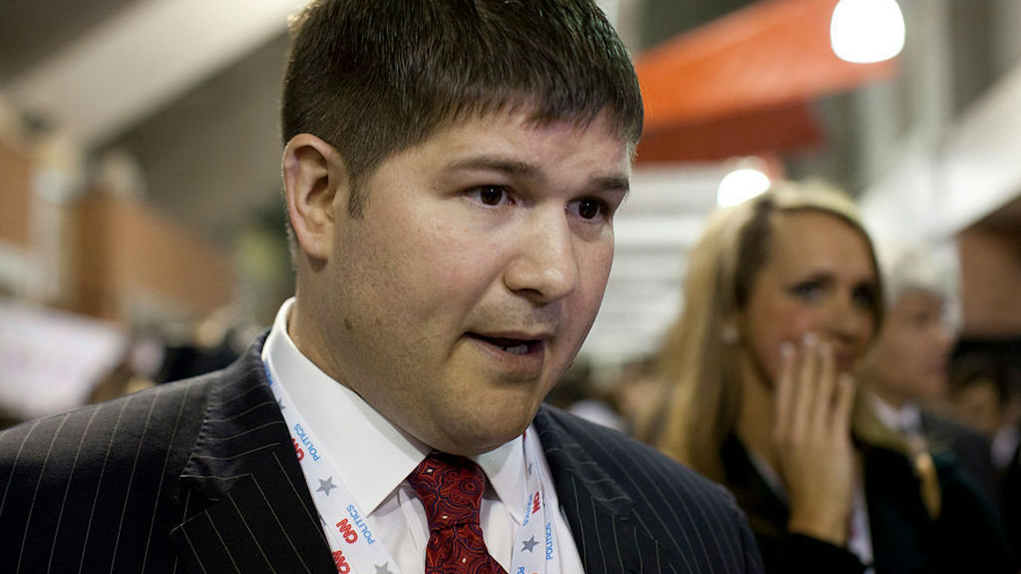 Jesse Benton, spokesman for the Ron Paul campaign, speaking to reporters in the spin room after the CNN Debate on January 1, 2012. (Photo by Robert Daemmrich Photography Inc/Corbis via Getty Images)