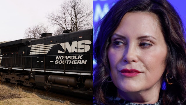 (L) A Norfolk Southern train is en route on February 14, 2023 in East Palestine, Ohio. Another train operated by the company derailed on February 3, releasing toxic fumes and forcing evacuation of residents (R) Gretchen Whitmer, governor of Michigan, during a panel session on the opening day of the World Economic Forum (WEF) in Davos, Switzerland, on Tuesday, Jan. 17, 2023