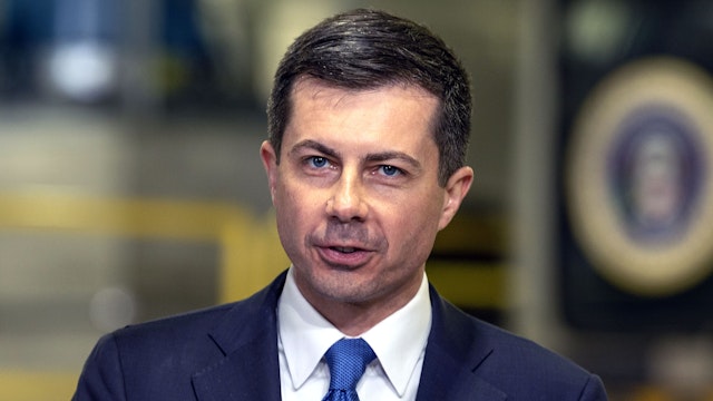 NEW YORK, UNITED STATES - 2023/01/31: U.S. Secretary of Transportation Pete Buttigieg speaks during President Joe Biden Jr. remarks to highlight Bipartisan Infrastructure Law funding for the Hudson River Tunnel project at West Side Yard gate.