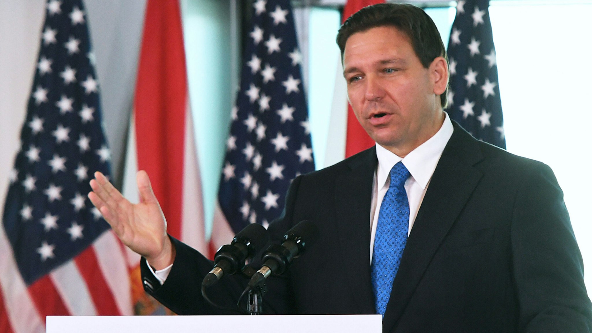 AUBURNDALE, FLORIDA, UNITED STATES - 2023/01/30: Florida Gov. Ron DeSantis speaks at a press conference to announce the Moving Florida Forward initiative at the SunTrax Test Facility in Auburndale, Florida. If passed by the legislature, the proposal would expedite transportation projects over the next four years with $7 billion in funding.