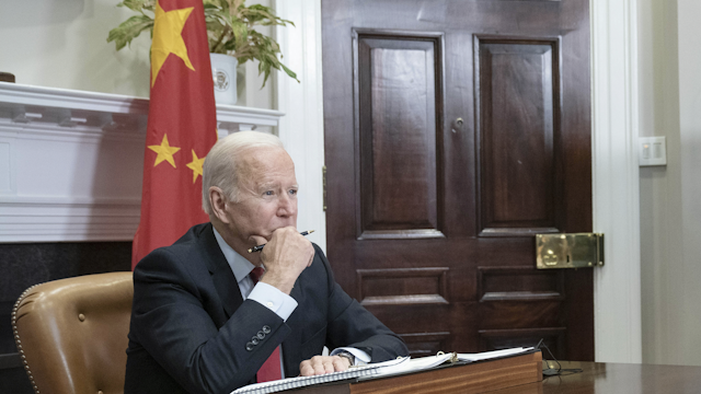 U.S. President Joe Biden listens while meeting virtually with Xi Jinping, China's president, in the Roosevelt Room of the White House in Washington, D.C., U.S., on Monday, Nov. 15, 2021. With trade, Taiwan and China's economic practices on the agenda, the U.S. is hoping to put "guardrails" on the relationship so things don't worsen.