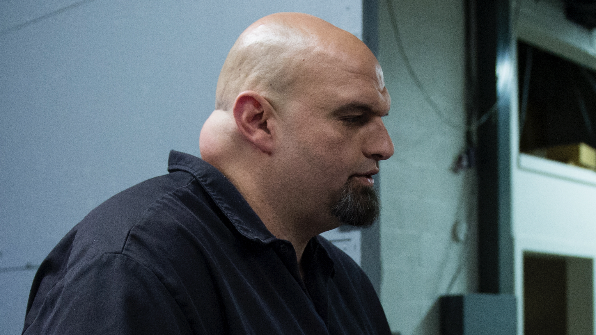 UNITED STATES - APRIL 5: Braddock, Pa., Mayor John Fetterman, left, speaks ormer Rep. Joe Sestak following their televised Senate Democrats primary debate with Katie McGinty and at WTAE-TV in Pittsburgh on Tuesday, April 5, 2016. One of the three Democrats will be selected in the April 26th primary to run against Sen. Pat Toomey, R-Pa.
