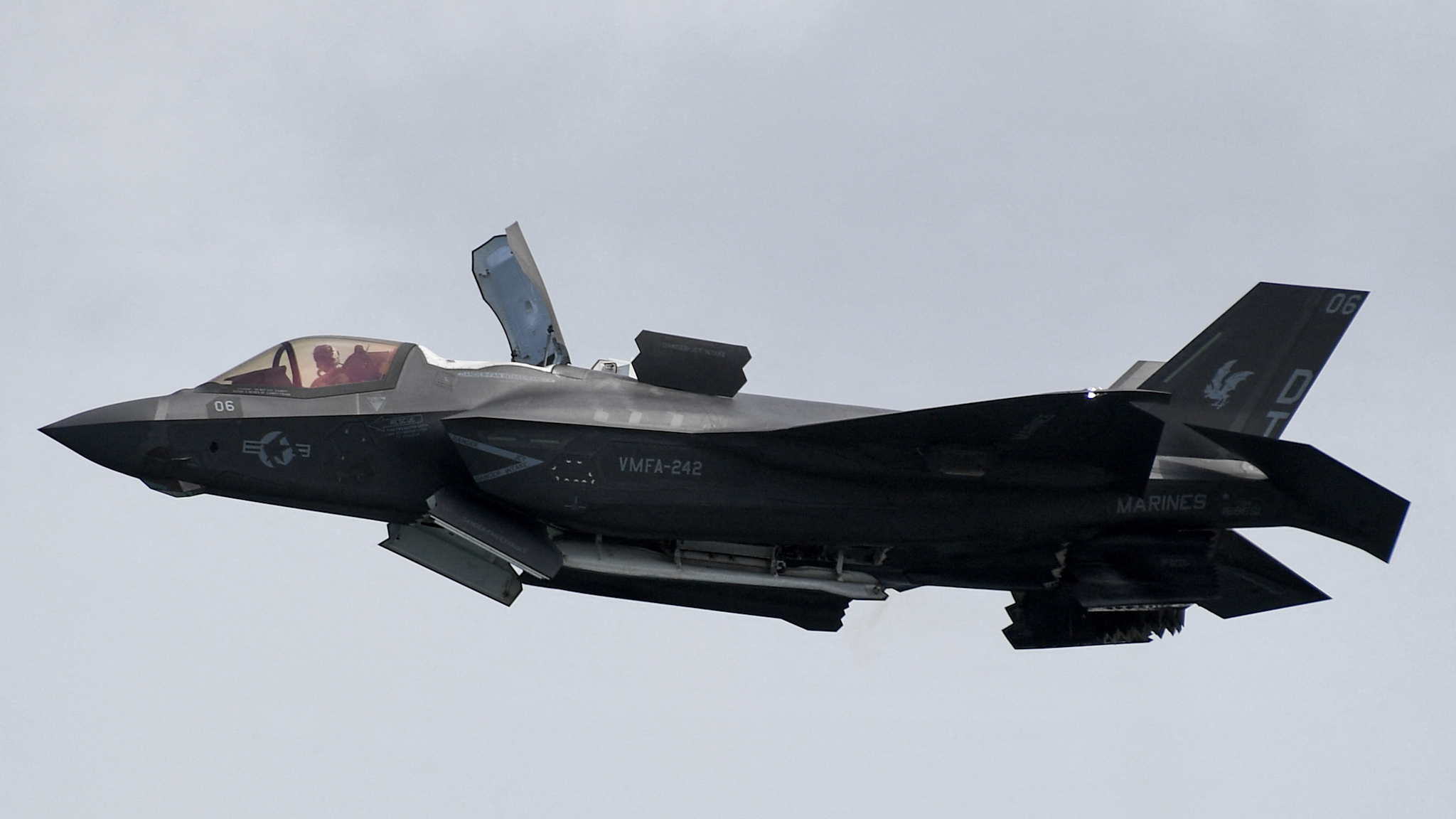 A US Marine Corps F-35B Lightning II, a short takeoff and vertical landing (STOVL) version of the Joint Strike Fighter aircraft, flies past during a preview of the Singapore Airshow in Singapore on February 13, 2022.