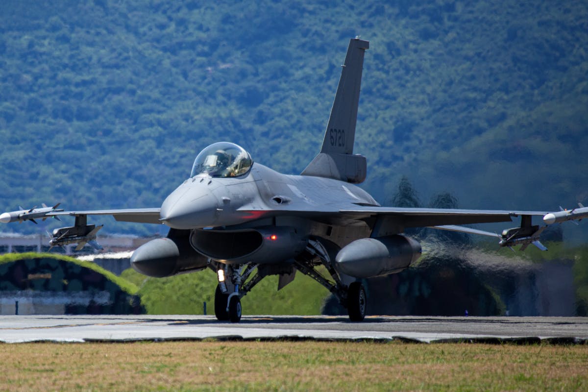 HUALIEN, TAIWAN - AUGUST 06: Taiwanese F-16 Fighting Falcon lands at Hualien Air Force Base on August 06, 2022 in Hualien, Taiwan. Taiwan remained tense after U.S. Speaker of the House Nancy Pelosi (D-CA) visited earlier this week, as part of a tour of Asia aimed at reassuring allies in the region. China has been conducting live-fire drills in waters close to those claimed by Taiwan in response.