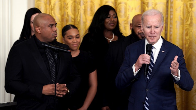 US President Joe Biden, right, speaks during a reception celebrating Black History Month in the East Room of the White House in Washington, DC, US, on Monday, Feb. 27, 2023. The White House press secretary earlier this month said the administration would mark February's Black History Month by taking "time to celebrate the immeasurable contributions of Black Americans and honoring the legacies and achievements of generations past."
