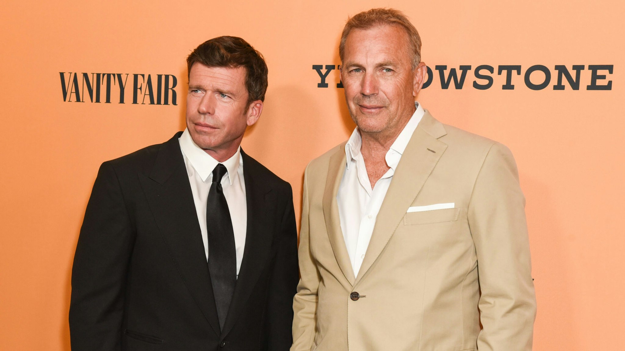 HOLLYWOOD, CA - JUNE 11: Taylor Sheridan and Kevin Costner attend the premiere of Paramount Pictures' "Yellowstone" at Paramount Studios on June 11, 2018 in Hollywood, California.