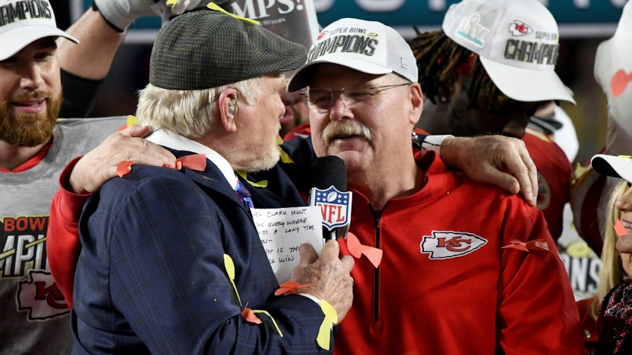 Head Coach Andy Reid of the Kansas City Chiefs celebrates with Terry Bradshaw after the Chiefs defeated the San Francisco 49ers in Super Bowl LIV at Hard Rock Stadium on February 02, 2020 in Miami, Florida.