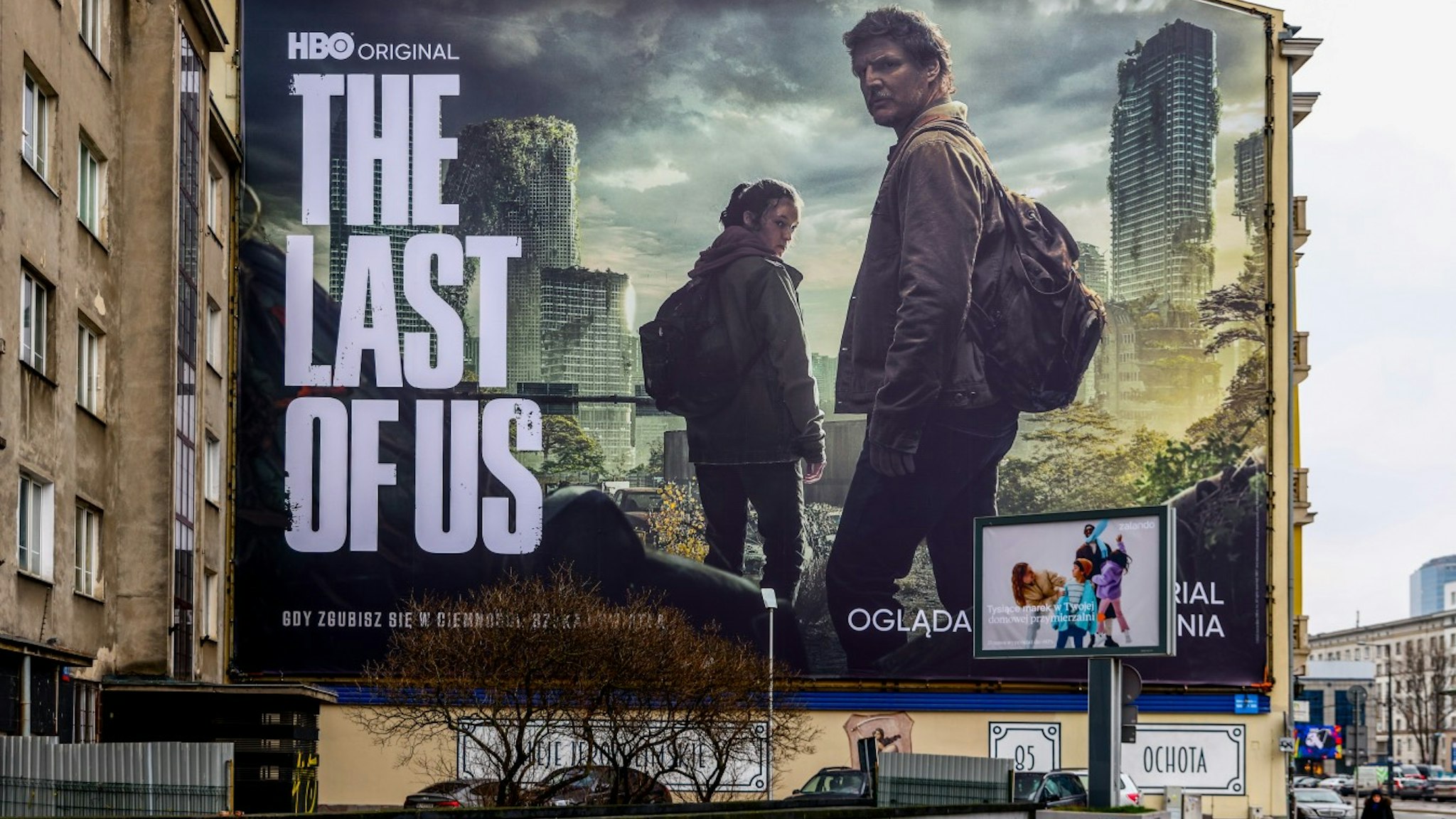 HBO's 'The Last of Us' TV series huge advertising banner is seen in the city center in Warsaw, Poland on January 19, 2023.