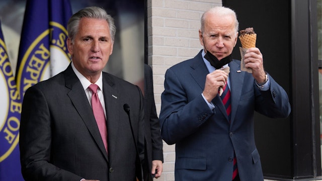 US President Joe Biden carries an ice cream cone as he leaves Jeni's Ice Cream in Washington, DC, on January 25, 2022.WASHINGTON, DC - JANUARY 09: House Minority Leader Kevin McCarthy (R-CA) answers questions during a press conference at the U.S. Capitol on January 09, 2020 in Washington, DC. McCarthy answered a range of questions related primarily to the House articles of impeachment being sent to the U.S. Senate.