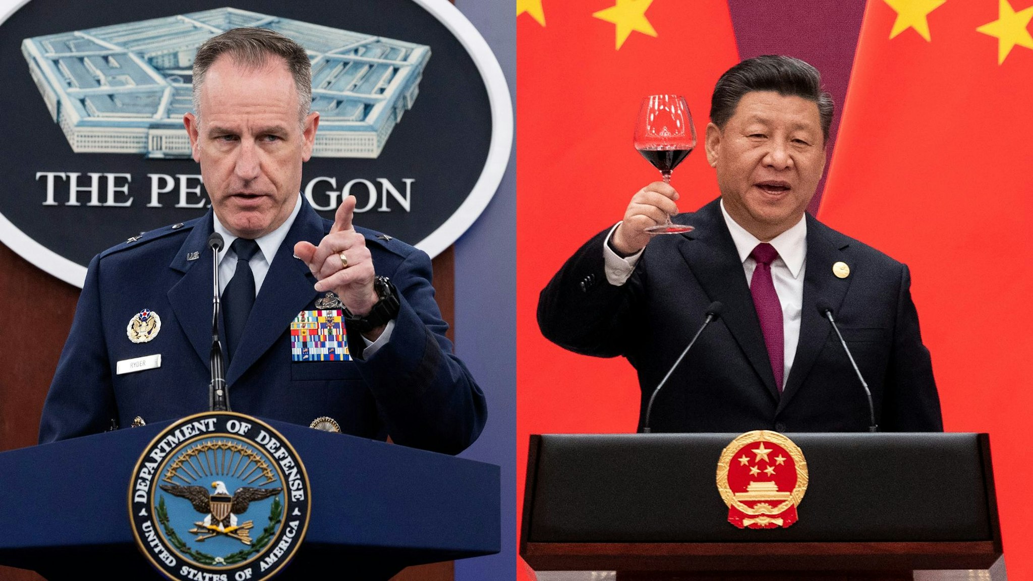 BEIJING, CHINA - APRIL 26: Chinese President Xi Jinping proposes a toast during the welcome banquet for leaders attending the Belt and Road Forum at the Great Hall of the People on April 26, 2019 in Beijing, China. ARLINGTON, VIRGINIA - OCTOBER 18: Pentagon Press Secretary Brig. Gen. Pat Ryder holds a press briefing at the Pentagon on October 18, 2022 in Arlington, Virginia. Ryder spoke on America's ongoing support for Ukraine and resistance to Russian President Vladimir Putin, as well as the Defense Department's relationship with SpaceX.