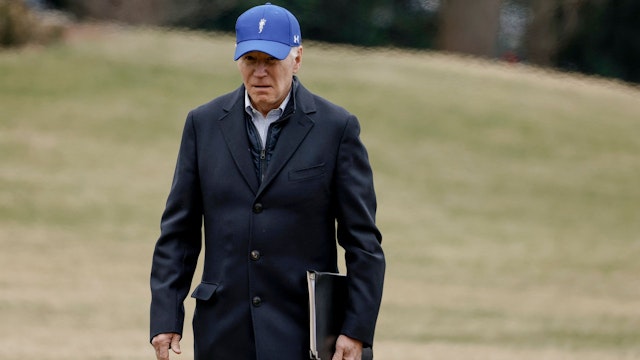 WASHINGTON, DC - FEBRUARY 06: U.S. President Joe Biden walks on the South Lawn after returning to the White House on Marine One on February 06, 2023 in Washington, DC. President Biden spent part of his weekend at Camp David.