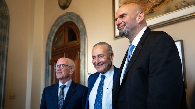 WASHINGTON, DC - NOVEMBER 15: (L-R) Sen.-elect Peter Welch (D-VT), Senate Majority Leader Chuck Schumer (D-NY) and Sen.-elect John Fetterman (D-PA) stand for a photo opportunity in Schumer's office at the U.S. Capitol on November 15, 2022 in Washington, DC. Senate Democrats will meet later on Tuesday for the first time since the midterm elections.