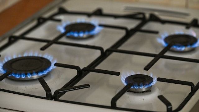 Natural gas burners on a natural-gas-burning stove. On Wednesday, July 20, 2022, in Rzeszow, Subcarpathian Voivodeship, Poland.