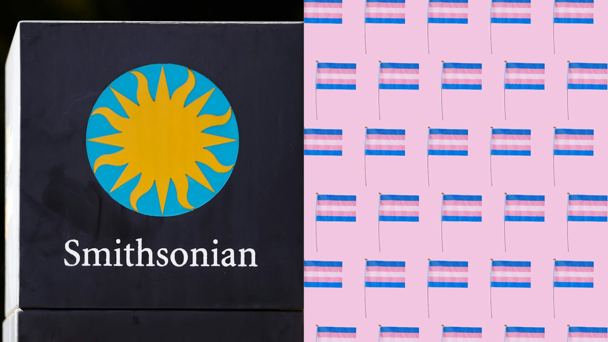 Smithsonian logo is seen near the museum in Washington DC on October 20, 2022. Pattern of lgbt transgender community flags, on pink background. Gay pride day, transgender, transsexual and binary person concept.