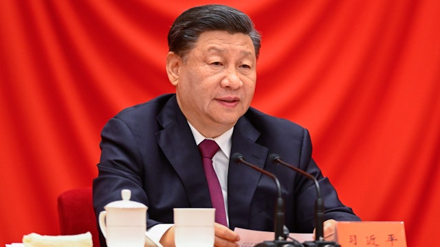 Chinese President Xi Jinping, also general secretary of the Communist Party of China Central Committee and chairman of the Central Military Commission, delivers a speech at a ceremony marking the 100th anniversary of the founding of the Communist Youth League of China CYLC at the Great Hall of the People in Beijing, capital of China, May 10, 2022.