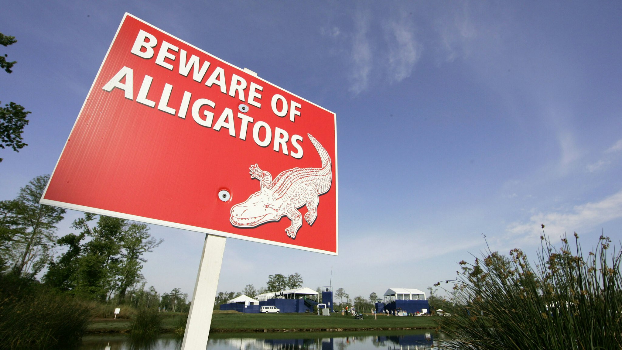 AVONDALE, LA - MARCH 29: A posted sign warns of alligators on the course during the completion of the third round of the Zurich Classic of New Orleans at TPC Louisiana on March 29, 2008 in Avondale, Louisiana.