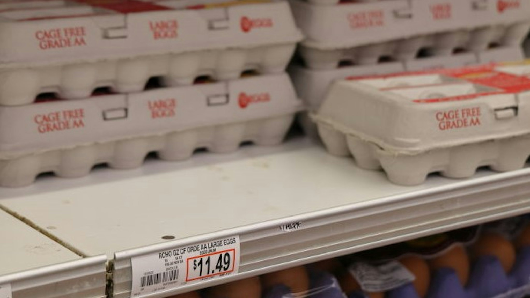 LOS ANGELES, CA - JANUARY 08: Cartons of eggs are displayed for sale at a supermarket on January 8, 2023 in Los Angeles, California. (Photo by