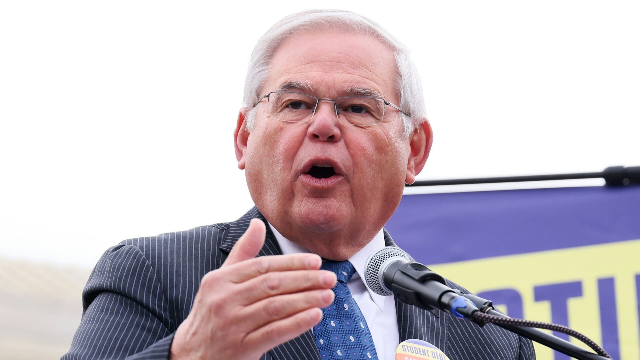 WASHINGTON, DC - FEBRUARY 28: Senator Robert Menendez speaks as student loan borrowers and advocates gather for the People's Rally To Cancel Student Debt During The Supreme Court Hearings On Student Debt Relief on February 28, 2023 in Washington, DC.