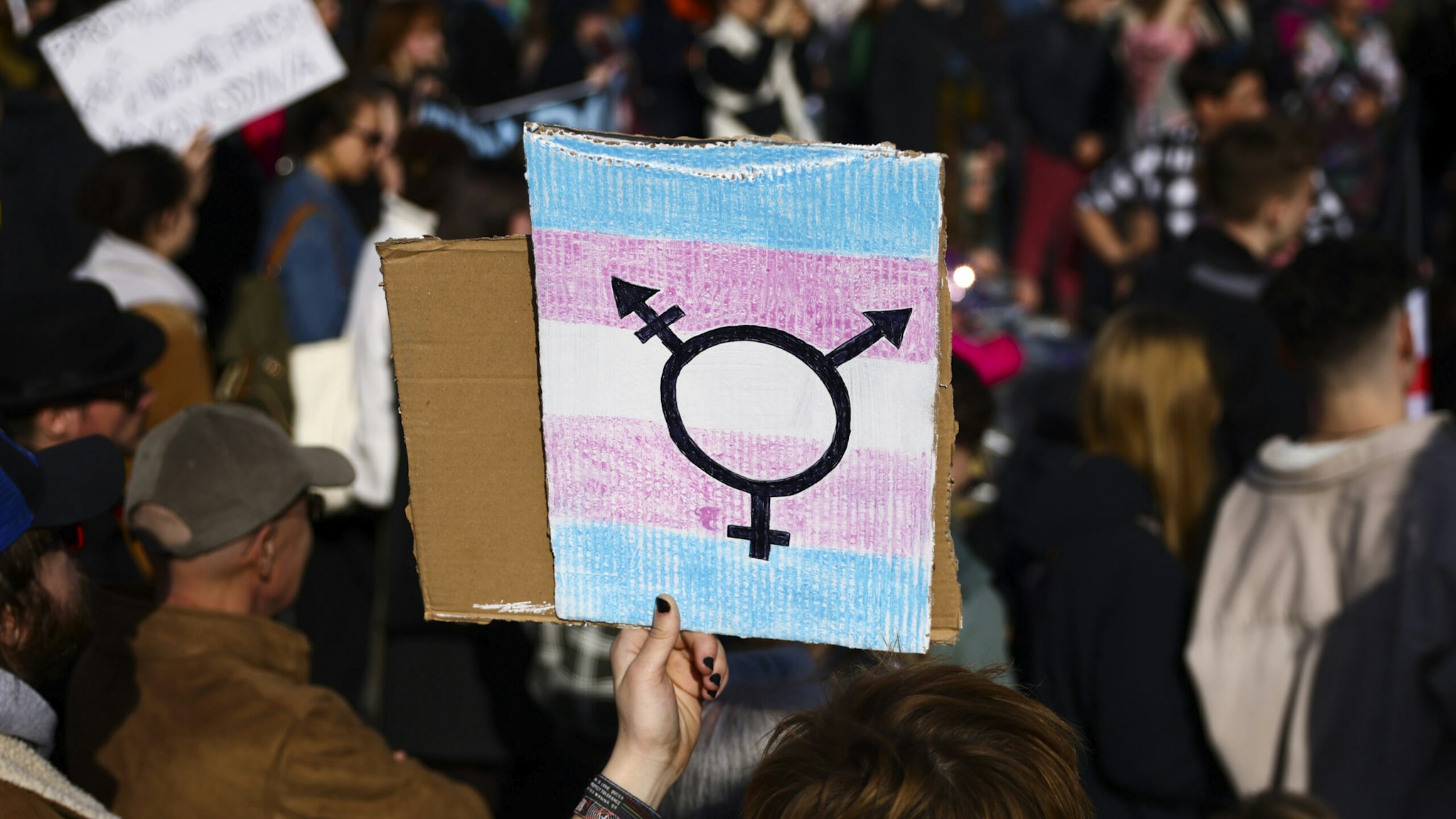 Transgender symbol is seen on a banner during an annual 'Manifa' march in Krakow, Poland on March 18, 2023.