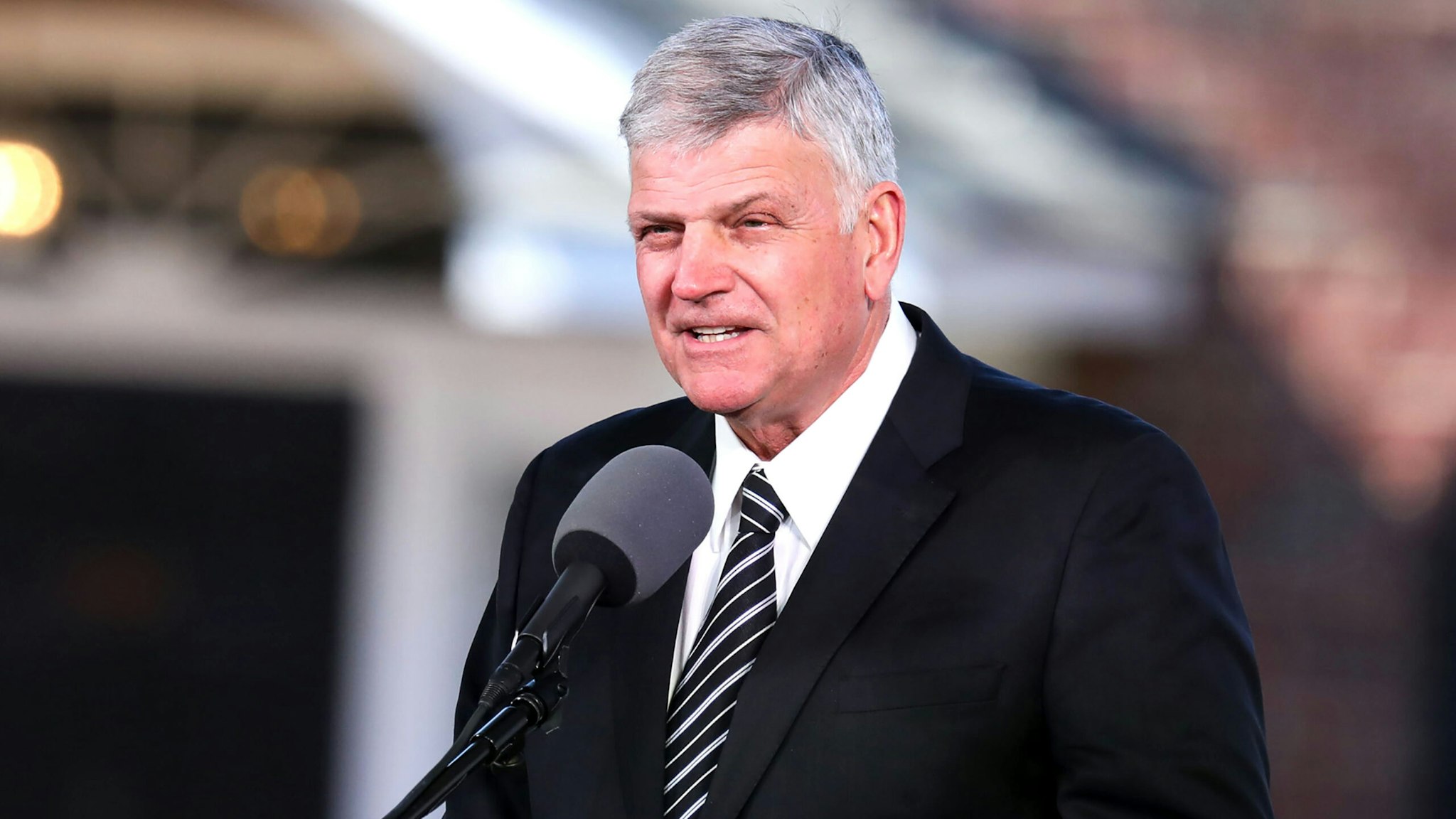 Franklin Graham delivers the eulogy during the funeral of his father Reverend Dr. Billy Graham in Charlotte, North Carolina. Graham, who preached to millions of faithful face to face over his decades-long career and tens of millions more through the power of television, died last week at age 99, leaving a Christian evangelist movement without its best known champion of modern times.