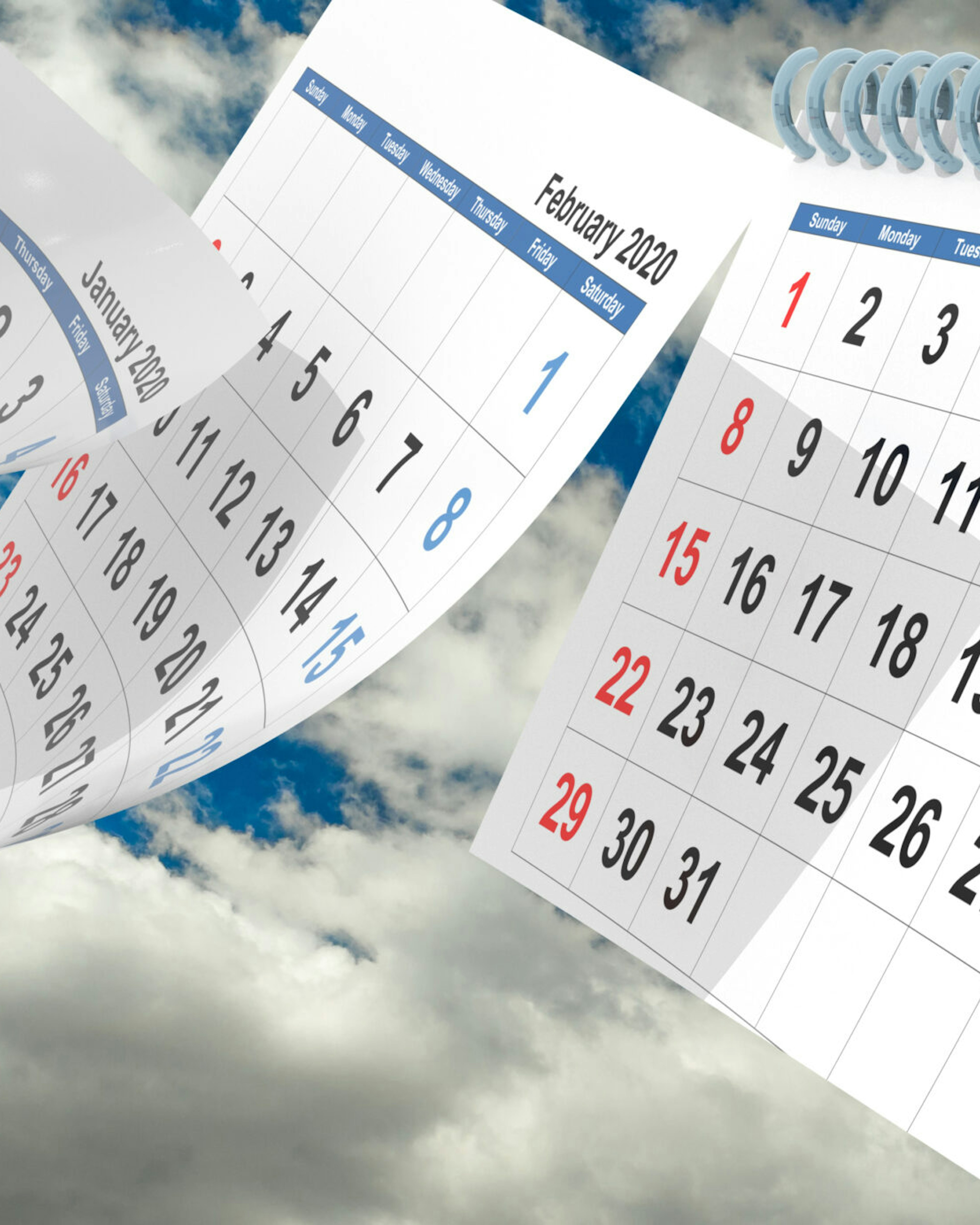 march 2020 calendar fllying pages on sky and clouds backgrround - 3d rendering
